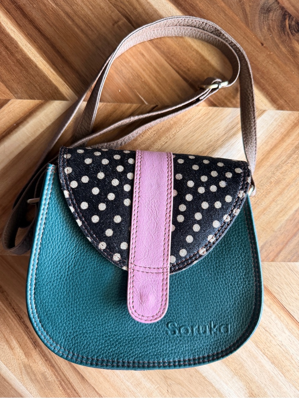 Teal Leather Crossbody Bag with Polka Dot Flap and Pink Accent
